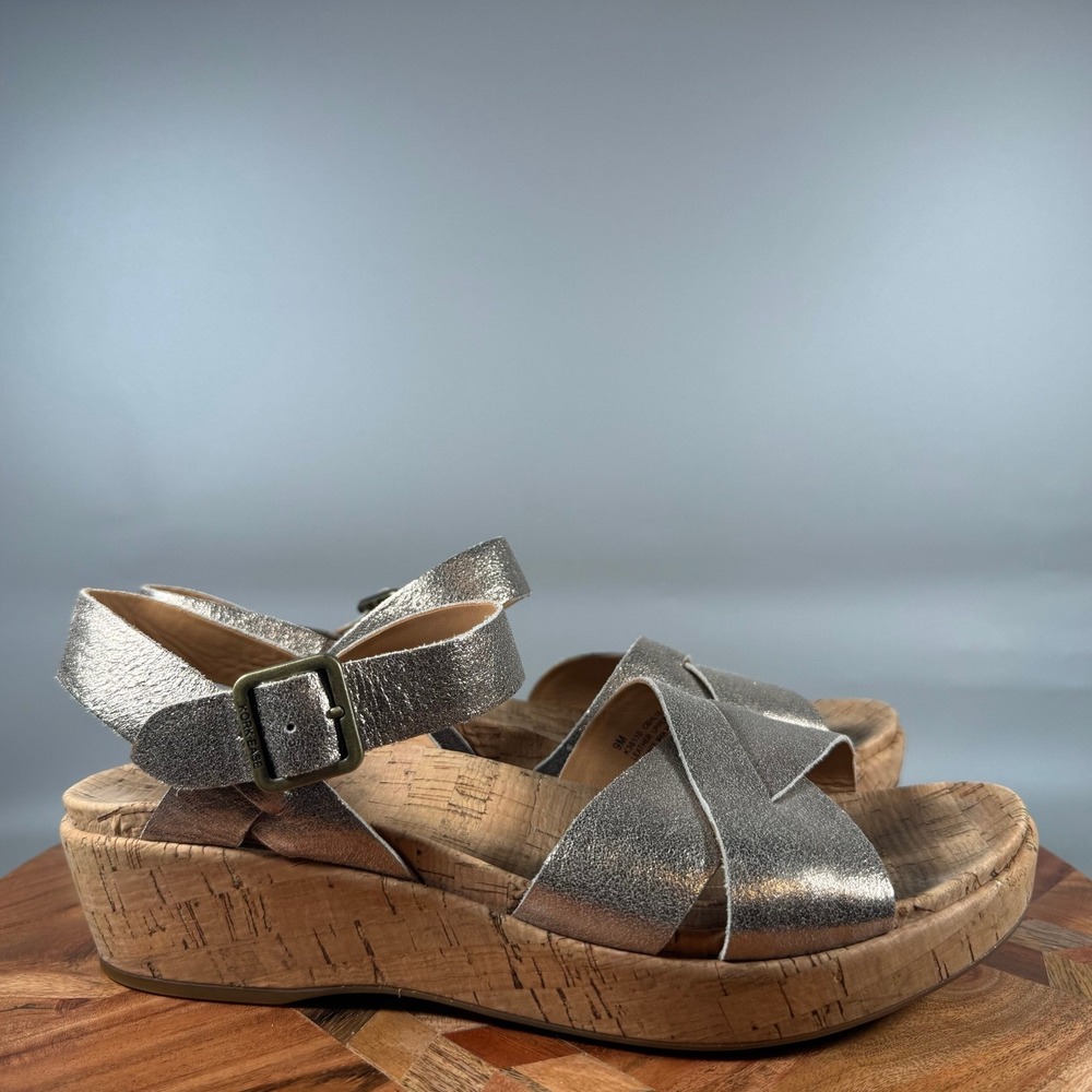 Kork-Ease K38110 Metallic‎ Silver Leather Cork Wedge Platform Sandals Womens 9M